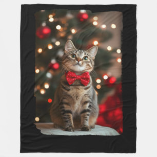 Merry Christmas Cut Cat with Christmas Tree Lights Fleece Blanket