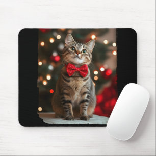 Merry Christmas Cut Cat with Christmas Tree Lights Mouse Pad