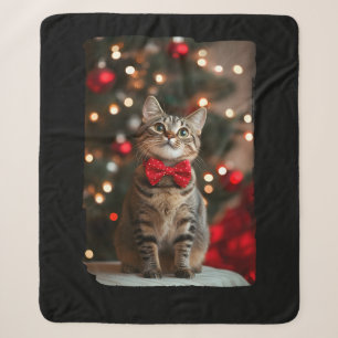 Merry Christmas Cut Cat with Christmas Tree Lights Sherpa Blanket