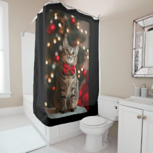 Merry Christmas Cut Cat with Christmas Tree Lights Shower Curtain
