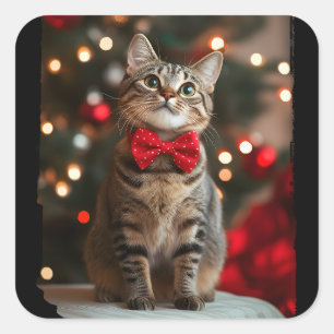 Merry Christmas Cut Cat with Christmas Tree Lights Square Sticker