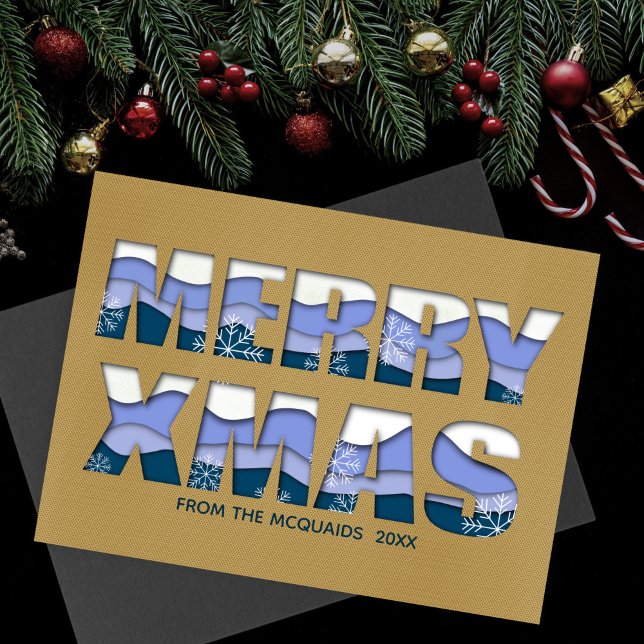 Merry Christmas Cut Out Blue Gold  Card (Merry Xmas in blues and whites)