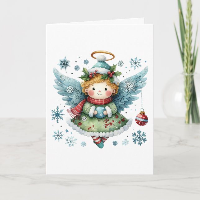 Merry Christmas Cute Angel Folk Art Style Card (Front)