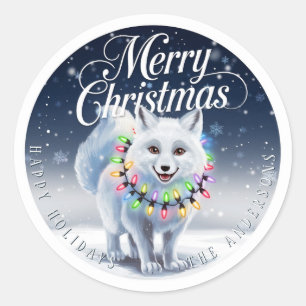 Merry Christmas Cute Arctic Fox & Snow Custom Classic Round Sticker