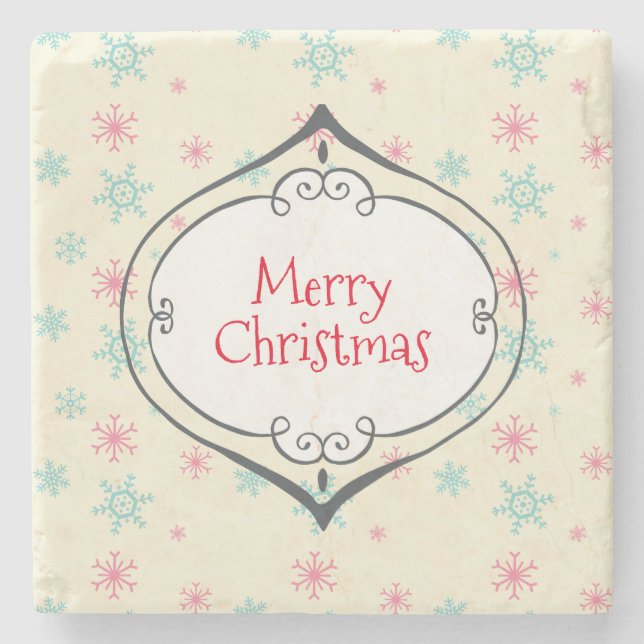 Merry Christmas Cute Bauble Pink & Blue Snowflakes Stone Coaster (Front)