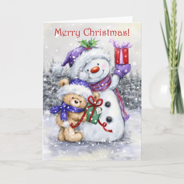 Merry Christmas, Cute bear Cuddling with Snowman Card (Front)
