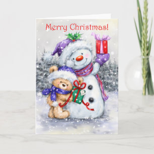 Merry Christmas, Cute bear Cuddling with Snowman Card
