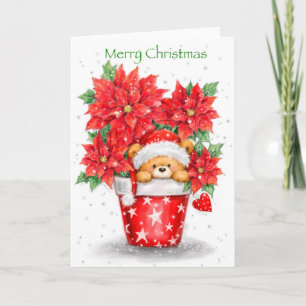 Merry Christmas, Cute Bear Pop Up from Poinsettias Card