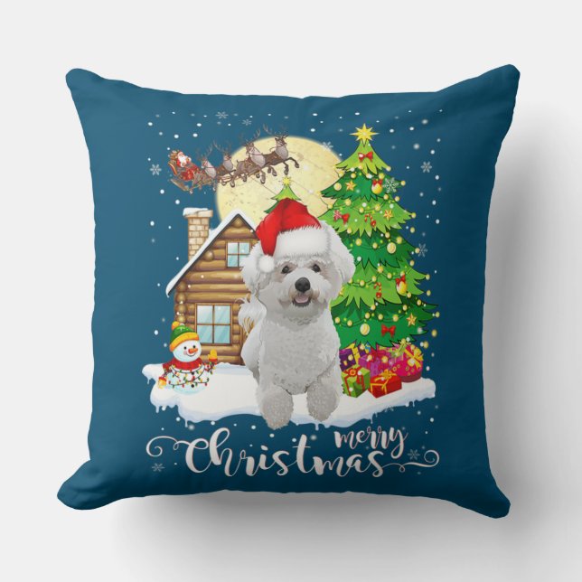 Merry Christmas Cute Bichon Frise Santa With Xmas Cushion (Front)