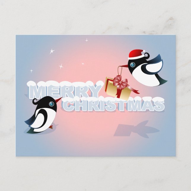 Merry Christmas - Cute Birds Christmas Present Holiday Postcard (Front)