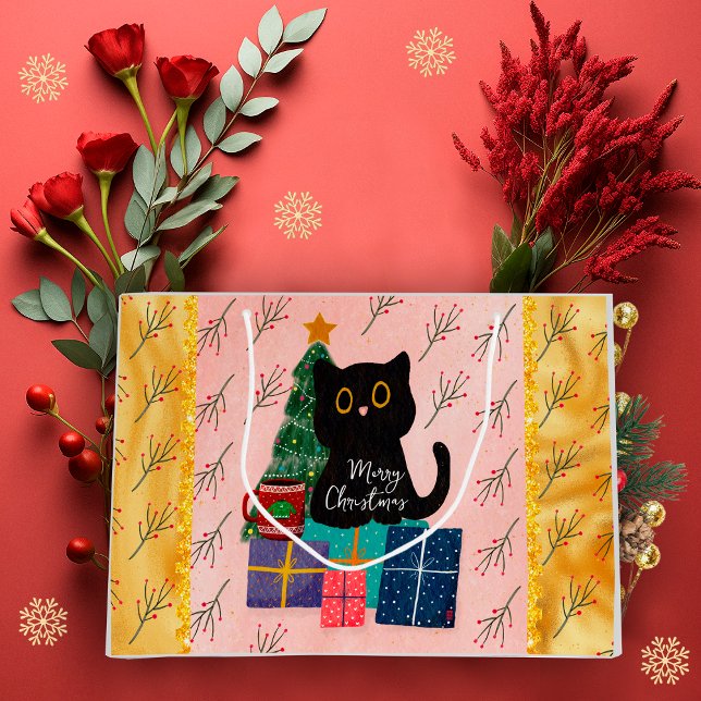 Merry Christmas Cute Black Cat Coffee Pink Gold Large Gift Bag (Creator Uploaded)