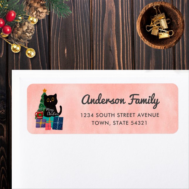 Merry Christmas Cute Black Cat Pink Return Address Label (Creator Uploaded)