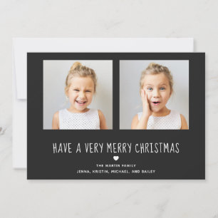 Merry Christmas Cute Black with Heart Two Photo Holiday Card