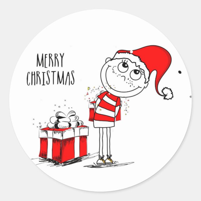 Merry Christmas Cute Boy and Present  Classic Round Sticker (Front)