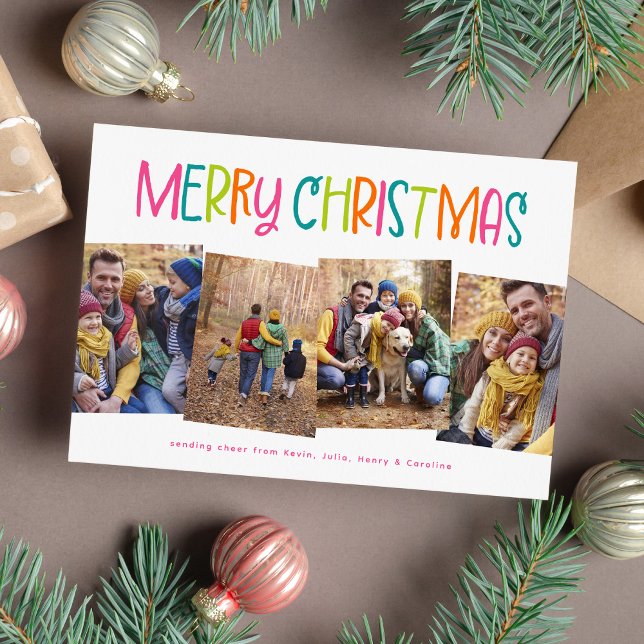 Merry Christmas cute bright fun four photo Holiday Card (Creator Uploaded)