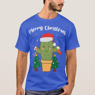 Merry Christmas Cute Cactus Santa Hat Candy Cane X T-Shirt