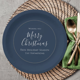 Merry Christmas Cute Calligraphy Simple Navy Blue Paper Plate