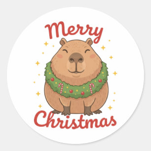 Merry Christmas Cute Capybara Holiday Wreath Classic Round Sticker