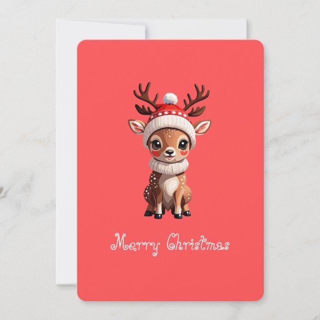 Merry Christmas, Cute Cartoon Deer, Red colouring Holiday Card (Front)