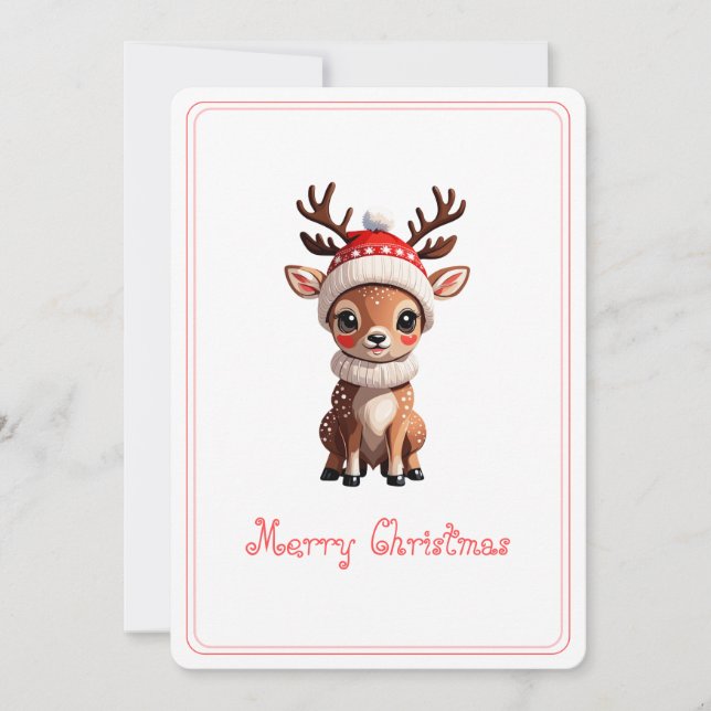 Merry Christmas, Cute Cartoon Deer, White cover Holiday Card (Front)