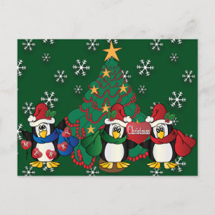Merry Christmas Cute Cartoon Penguins Holiday Postcard