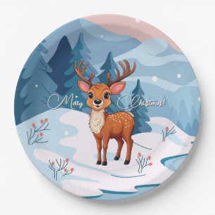 Merry Christmas Cute Cartoon Reindeer in winter Paper Plate