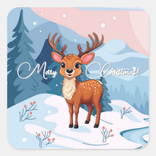 Merry Christmas Cute Cartoon Reindeer in winter Square Sticker