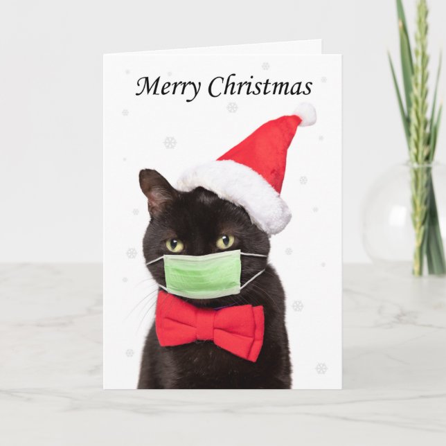 Merry Christmas Cute Cat in Santa Hat and Mask Holiday Card (Front)
