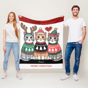 Merry Christmas Cute Cats  Fleece Blanket