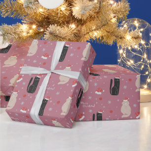 Merry Christmas Cute Cats Pink, Blue, Green Wrapping Paper