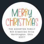 Merry Christmas cute colourful fun return address Classic Round Sticker<br><div class="desc">Cute and colourful, this return address sticker is the perfect finishing touch for your Christmas cards. Designed to coordinate with the Lea Delaveris Design Fa La La and Ho Ho Ho collection, this simple return address sticker features a green, pink, red and gold Merry Christmas along with your personalised text....</div>