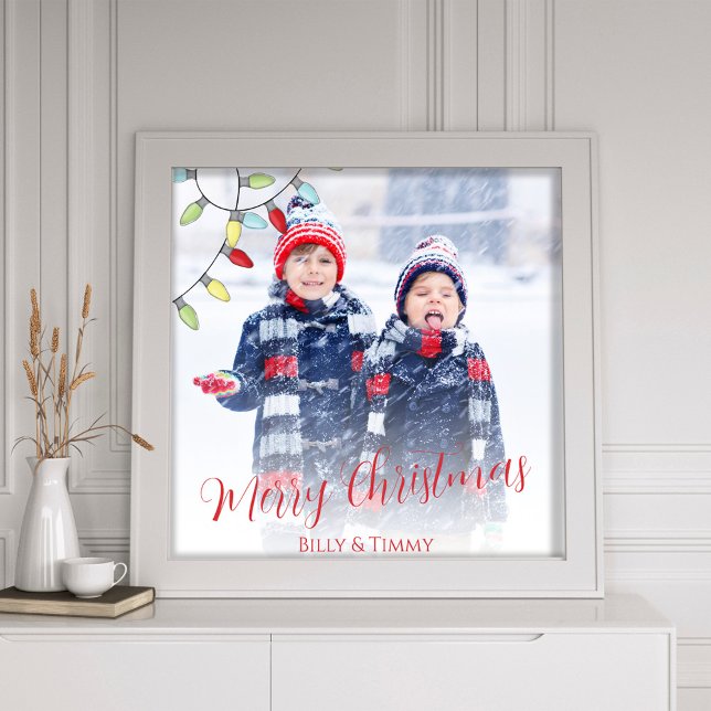 Merry Christmas Cute Colourful String Lights  Photo Print (Merry Christmas calligraphy script photo print with a string of lights. )