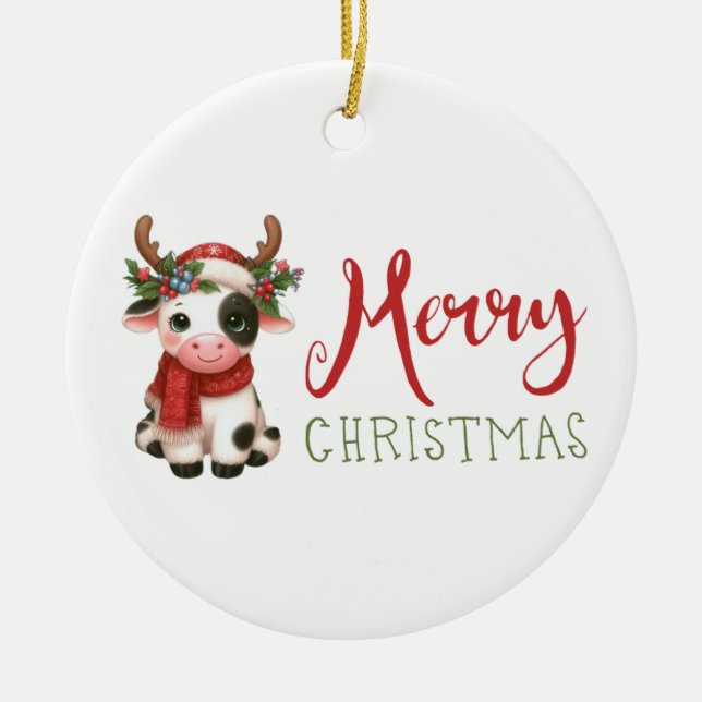 Merry Christmas cute cow  Ceramic Ornament (Front)