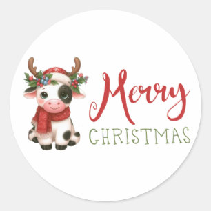 Merry Christmas cute cow  Classic Round Sticker