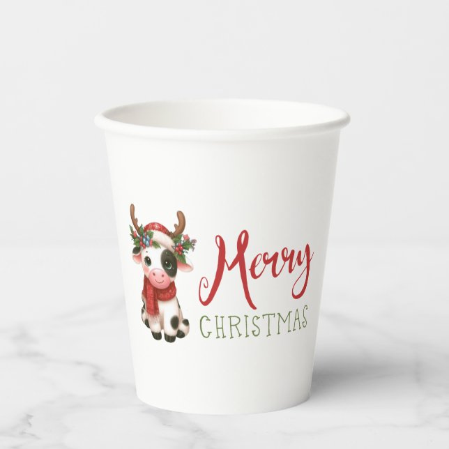 Merry Christmas cute cow  Paper Cups (Front)