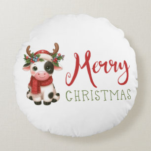 Merry Christmas cute cow Round Cushion