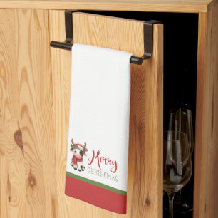 Merry Christmas cute cow Tea Towel