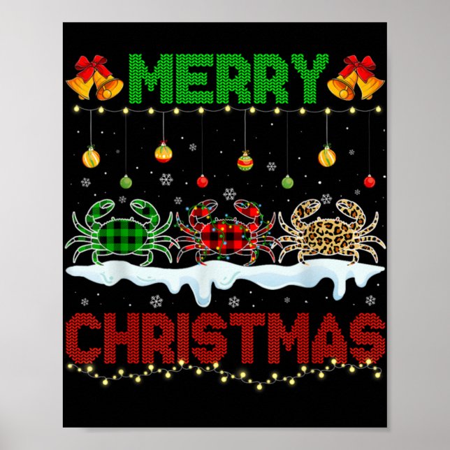 Merry Christmas Cute Crab Xmas Leopard Plaid Santa Poster (Front)