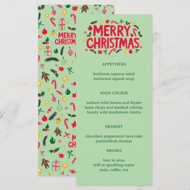 Merry Christmas Cute CUSTOM Holiday Dinner Party Menu (Front/Back)