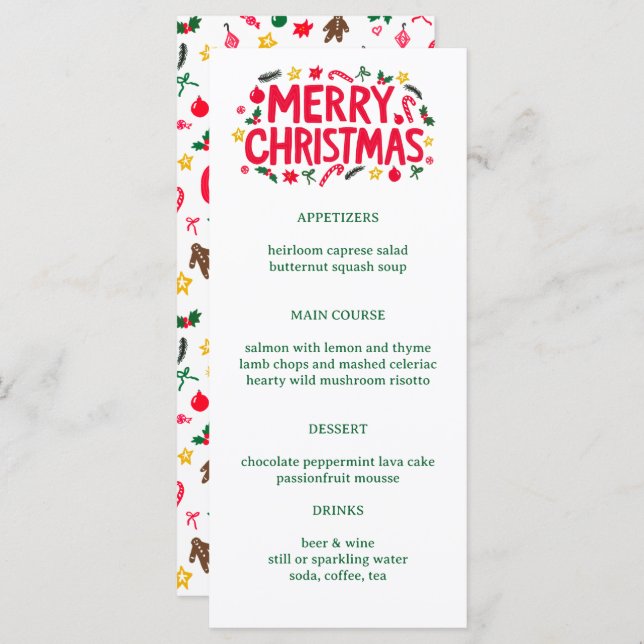 Merry Christmas Cute CUSTOM Holiday Dinner Party Menu (Front/Back)