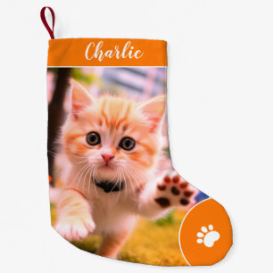 Merry Christmas Cute Custom Pet Name, Photo Orange Small Christmas Stocking