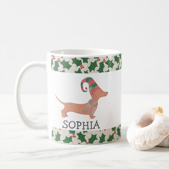 Merry Christmas Cute Dachshund Dog  Coffee Mug (With Donut)
