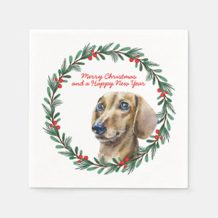 Merry Christmas Cute Dachshund Dog Holiday Wreath Napkin