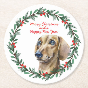 Merry Christmas Cute Dachshund Dog Holiday Wreath Round Paper Coaster