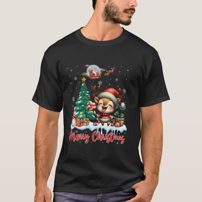 Merry Christmas Cute Deer Santa Hat Deer Lovers Ch T-Shirt (Front)