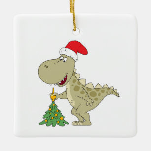 Merry Christmas Cute Dinosaur Santa Hat Tree Ceramic Ornament