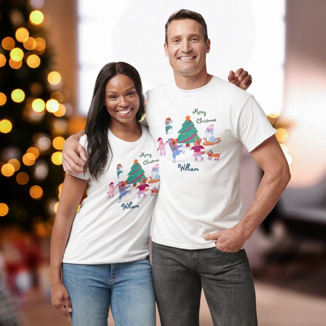 Merry Christmas Cute Dog Ice Skating Name Men's T-Shirt (Creator Uploaded)