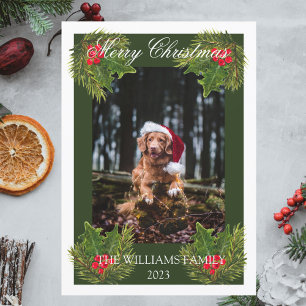 Merry Christmas Cute Dog Pet Photo Watercolor Holiday Card