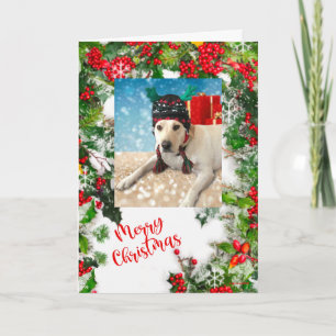 Merry Christmas Cute Dog with Antlers Customise Holiday Card