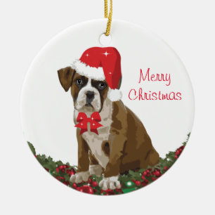 Merry Christmas Cute Dog Xmas Santa Hat Festive Ceramic Ornament